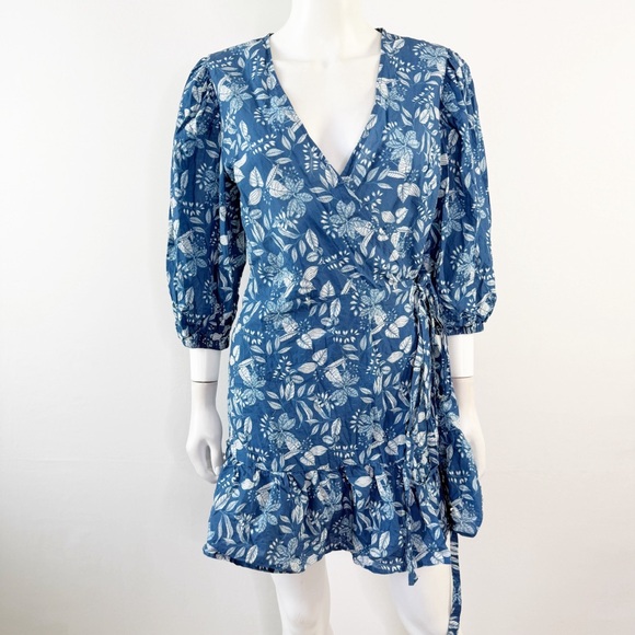 Eberjey Blue Floral Wrap Mini Dress Size M Balloon Sleeve Boho Casual Summer - Picture 1 of 9